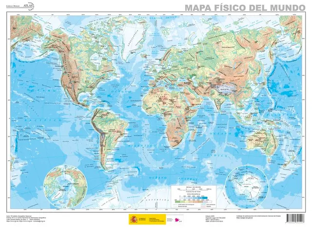 Mapa físico del mundo 1:82.350.000 del Instituto Geográfico Nacional (edición 2025)