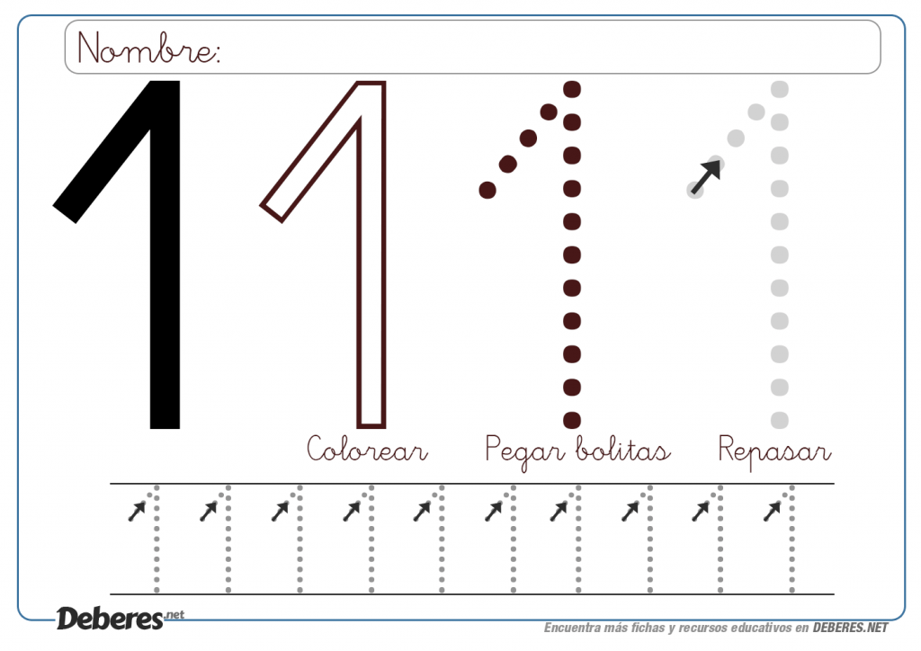 Ficha del numero 1 para colorear pegar bolitas y repasar