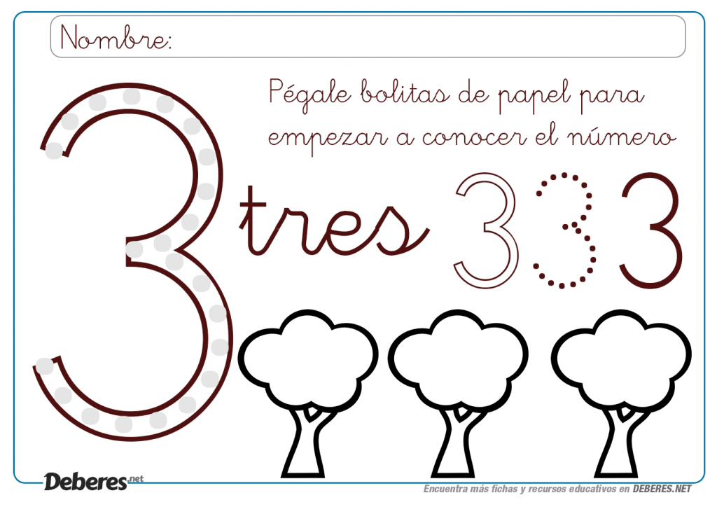 Ficha del número tres 3 para pegar bolitas de papel