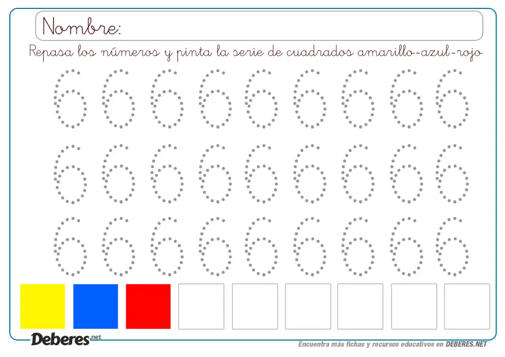 Ficha para repasar el numero SEIS (6) con puntitos y hacer series de colores