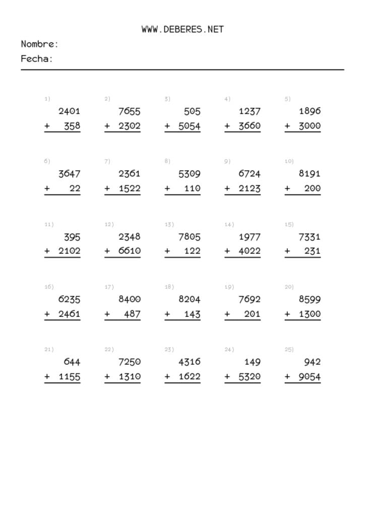 Sumas de cuatro cifras sin llevar para imprimir