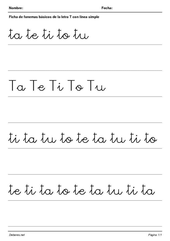thumbnail of Ficha de fonemas basicos de la letra T con linea simple