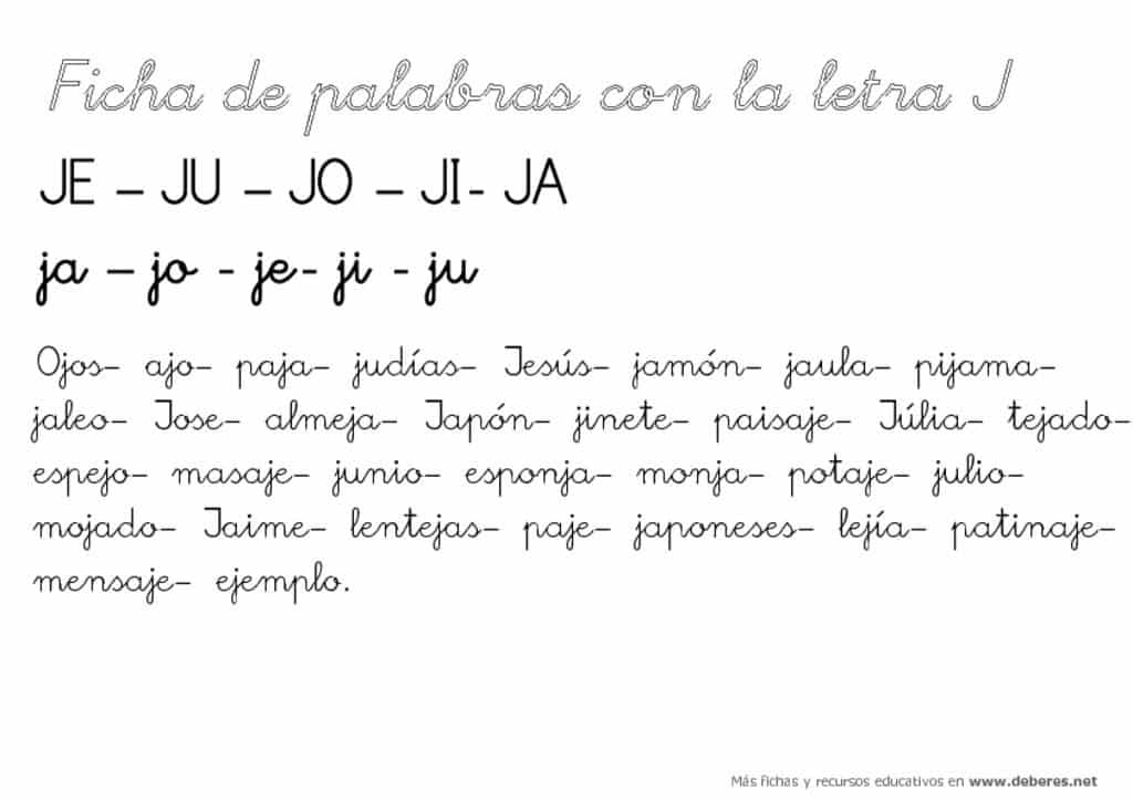 thumbnail of Ficha de lectura de palabras con la letra J