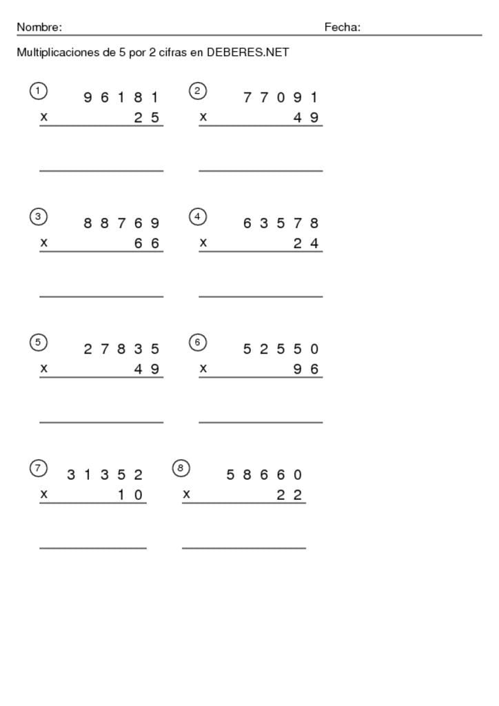 thumbnail of Multiplicaciones de 5 por 2 cifras