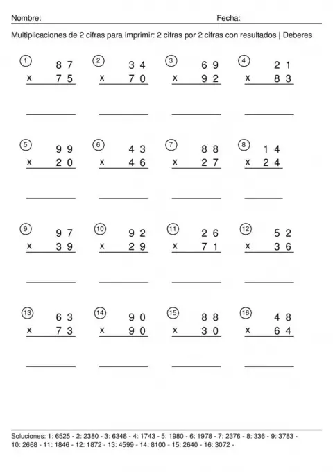 thumbnail of Multiplicaciones de 2 cifras con resultados – 2 cifras por 2 cifra – Ficha 1