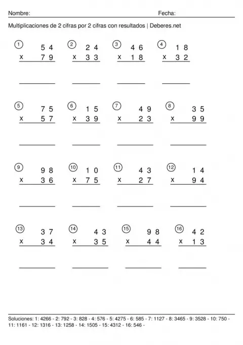 thumbnail of Multiplicaciones de 2 cifras con resultados – 2 cifras por 2 cifras – Ficha 1