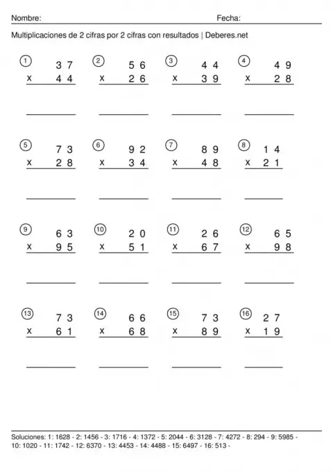 thumbnail of Multiplicaciones de 2 cifras con resultados – 2 cifras por 2 cifras – Ficha 10