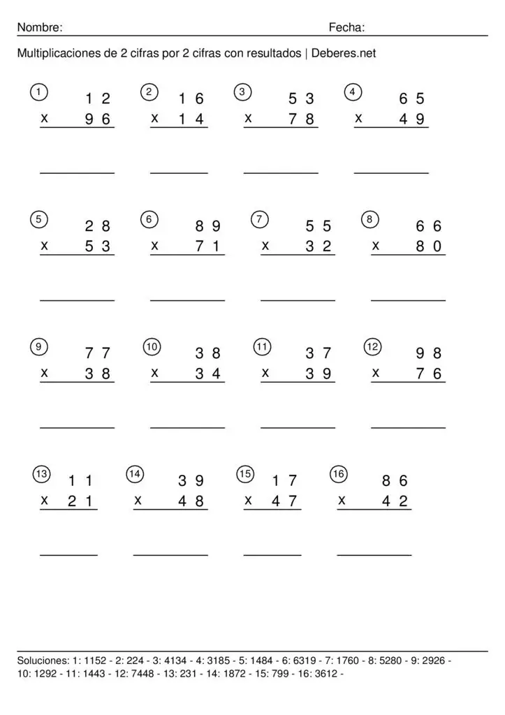 thumbnail of Multiplicaciones de 2 cifras con resultados – 2 cifras por 2 cifras – Ficha 2