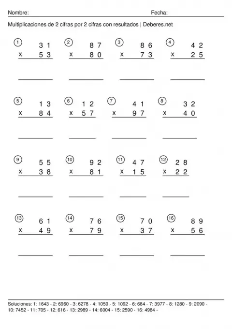 thumbnail of Multiplicaciones de 2 cifras con resultados – 2 cifras por 2 cifras – Ficha 3