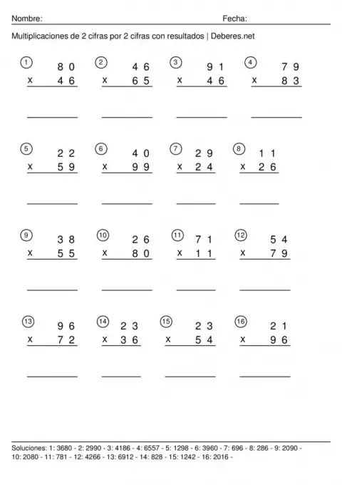 thumbnail of Multiplicaciones de 2 cifras con resultados – 2 cifras por 2 cifras – Ficha 4