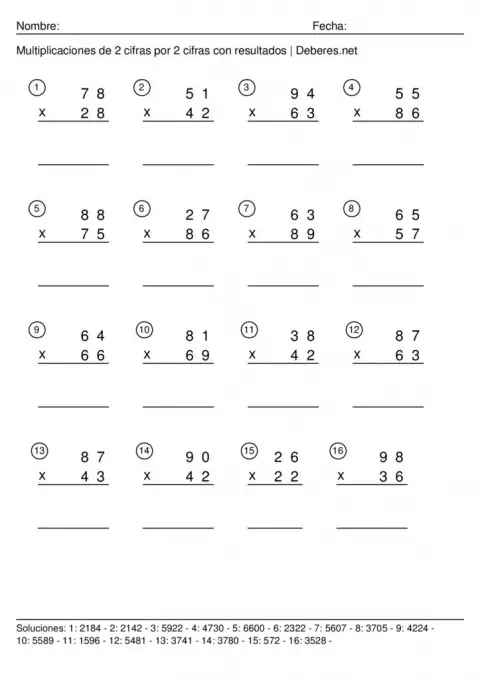 thumbnail of Multiplicaciones de 2 cifras con resultados – 2 cifras por 2 cifras – Ficha 5