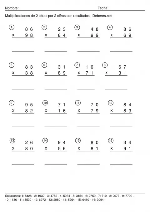 thumbnail of Multiplicaciones de 2 cifras con resultados – 2 cifras por 2 cifras – Ficha 6