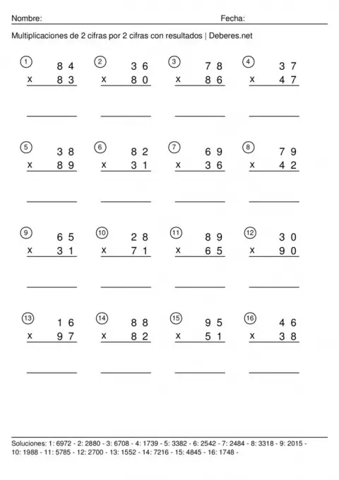thumbnail of Multiplicaciones de 2 cifras con resultados – 2 cifras por 2 cifras – Ficha 7