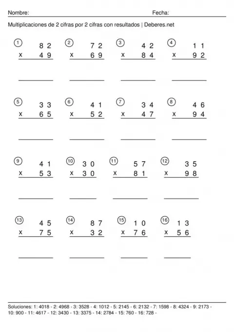 thumbnail of Multiplicaciones de 2 cifras con resultados – 2 cifras por 2 cifras – Ficha 8