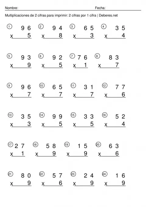 thumbnail of Multiplicaciones de 2 cifras para imprimir – 2 cifras por 1 cifra – Ficha 1