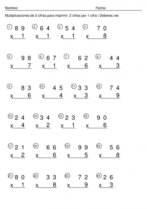 thumbnail of Multiplicaciones de 2 cifras para imprimir – 2 cifras por 1 cifra – Ficha 10