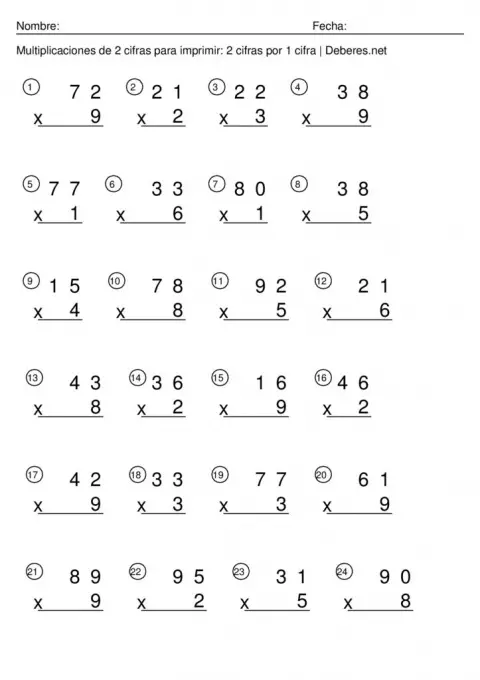 thumbnail of Multiplicaciones de 2 cifras para imprimir – 2 cifras por 1 cifra – Ficha 2