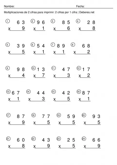 thumbnail of Multiplicaciones de 2 cifras para imprimir – 2 cifras por 1 cifra – Ficha 3
