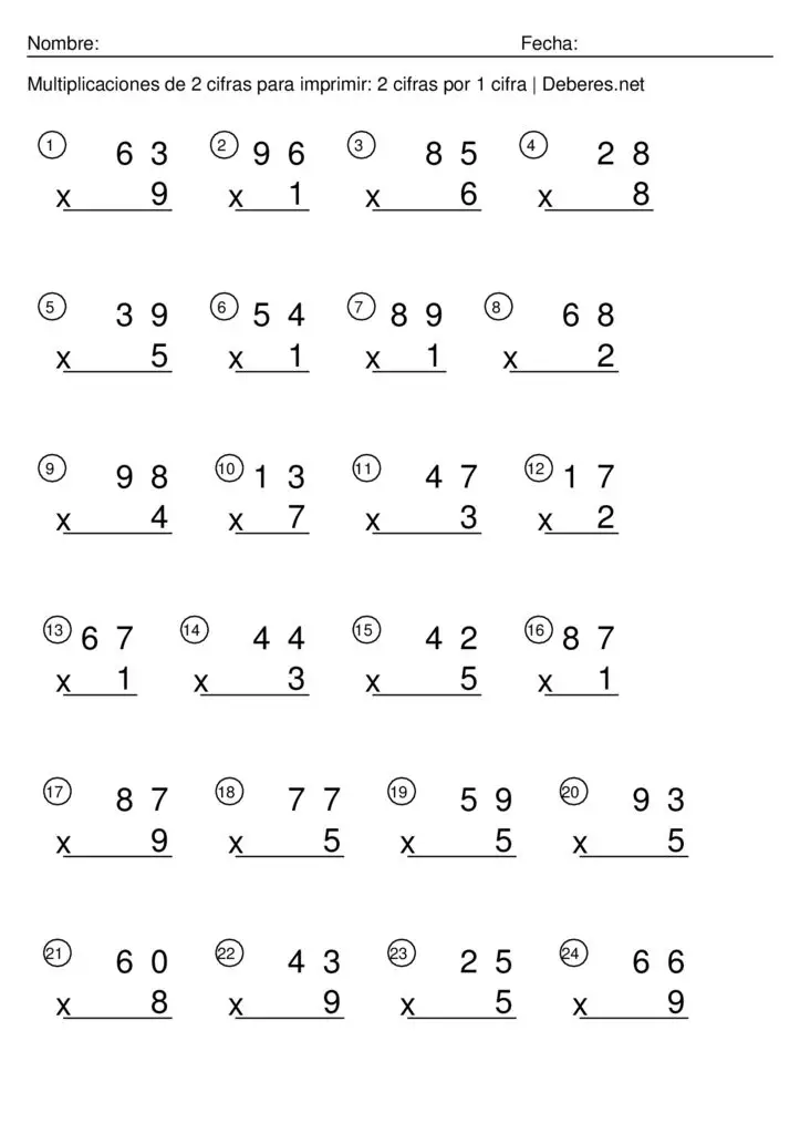 Multiplicaciones de 2 cifras para imprimir - 2 cifras por 1 cifra - Ficha 3