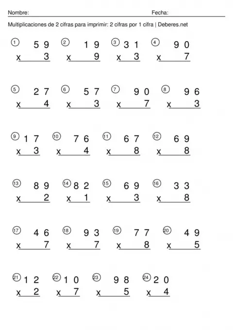 thumbnail of Multiplicaciones de 2 cifras para imprimir – 2 cifras por 1 cifra – Ficha 5