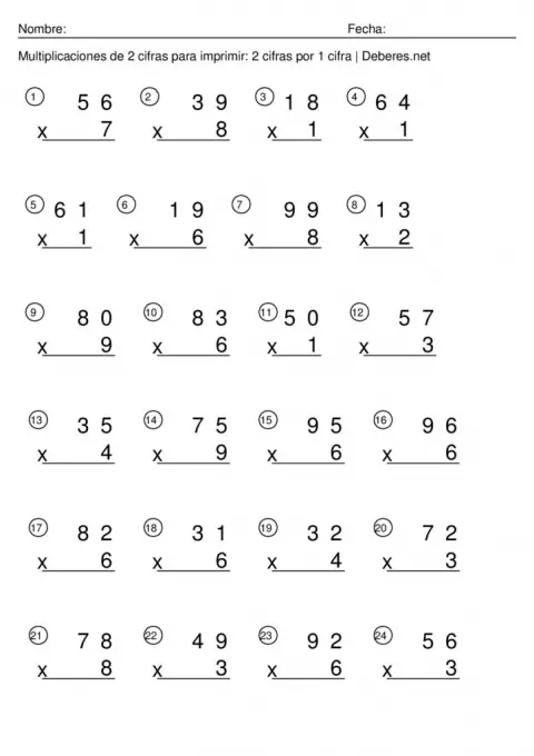thumbnail of Multiplicaciones de 2 cifras para imprimir – 2 cifras por 1 cifra – Ficha 6