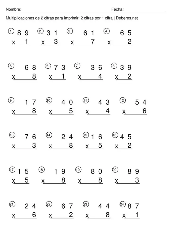 Multiplicaciones de 2 cifras para imprimir - 2 cifras por 1 cifra - Ficha 8