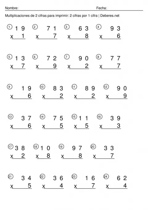 thumbnail of Multiplicaciones de 2 cifras para imprimir – 2 cifras por 1 cifra – Ficha 9