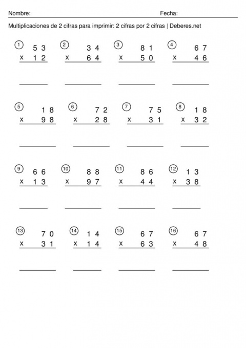 thumbnail of Multiplicaciones de 2 cifras para imprimir – 2 cifras por 2 cifra – Ficha 10