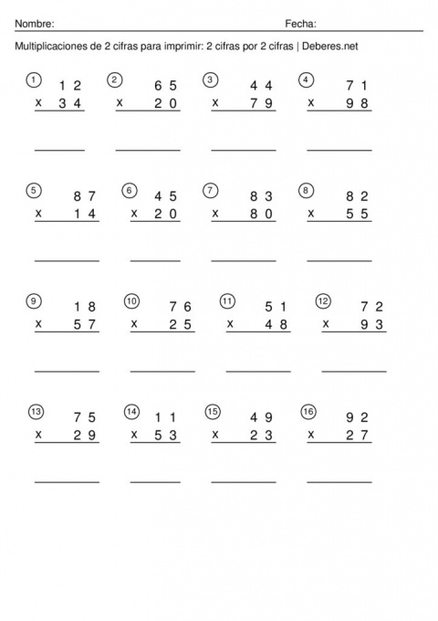 thumbnail of Multiplicaciones de 2 cifras para imprimir – 2 cifras por 2 cifra – Ficha 2