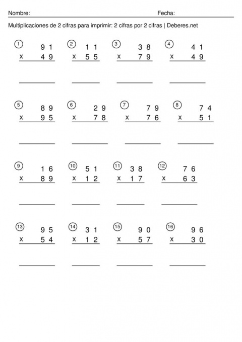 thumbnail of Multiplicaciones de 2 cifras para imprimir – 2 cifras por 2 cifra – Ficha 4