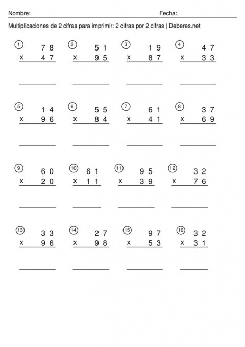 thumbnail of Multiplicaciones de 2 cifras para imprimir – 2 cifras por 2 cifra – Ficha 5
