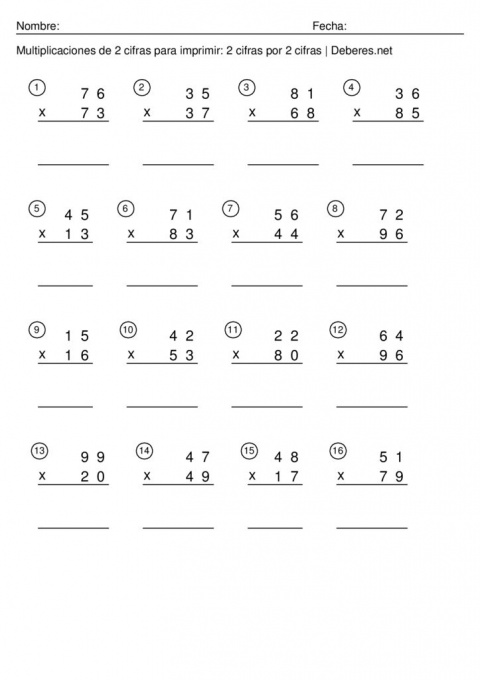 thumbnail of Multiplicaciones de 2 cifras para imprimir – 2 cifras por 2 cifra – Ficha 6