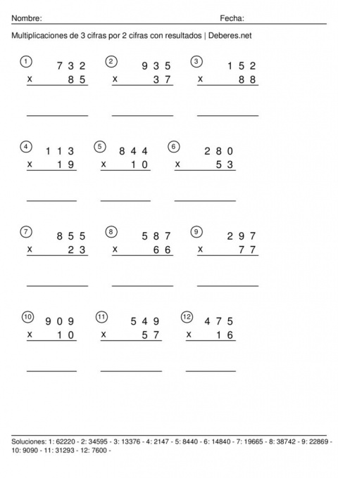 thumbnail of Multiplicaciones de 3 cifras por 2 cifras con resultados – Ficha 1