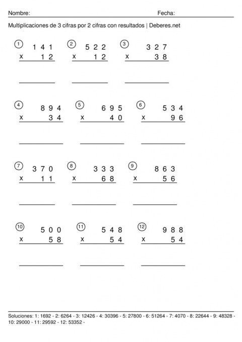 thumbnail of Multiplicaciones de 3 cifras por 2 cifras con resultados – Ficha 10