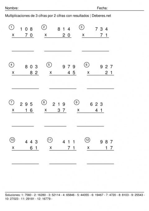 thumbnail of Multiplicaciones de 3 cifras por 2 cifras con resultados – Ficha 9