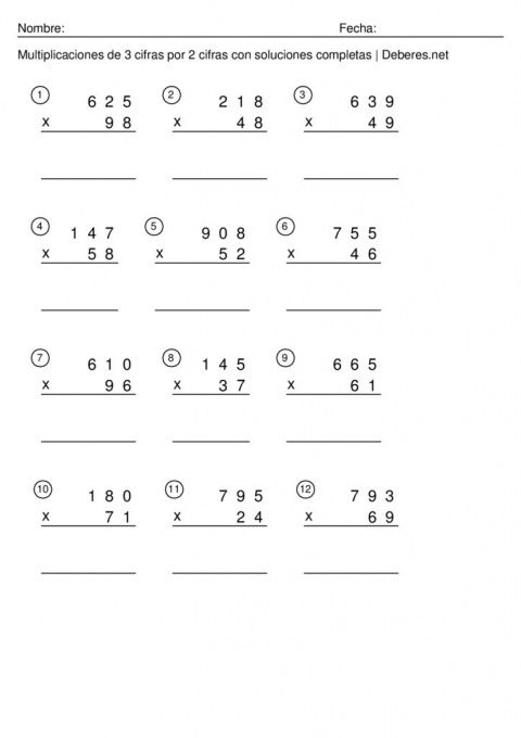 thumbnail of Multiplicaciones de 3 cifras por 2 cifras con soluciones completas – Ficha 10