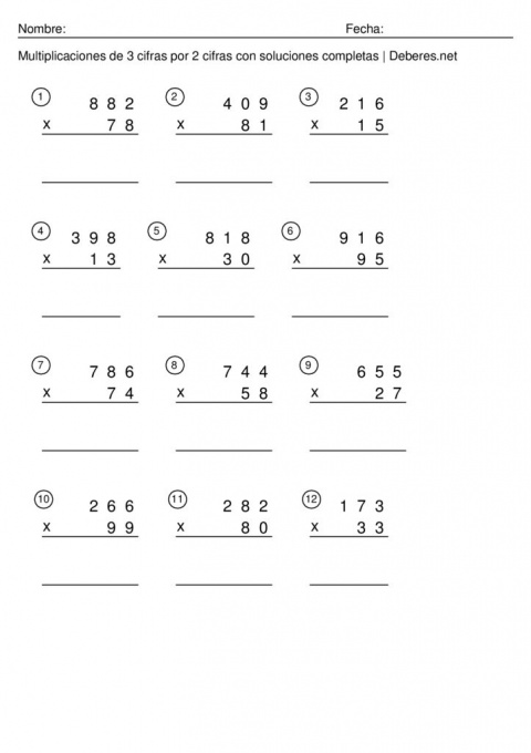 thumbnail of Multiplicaciones de 3 cifras por 2 cifras con soluciones completas – Ficha 2