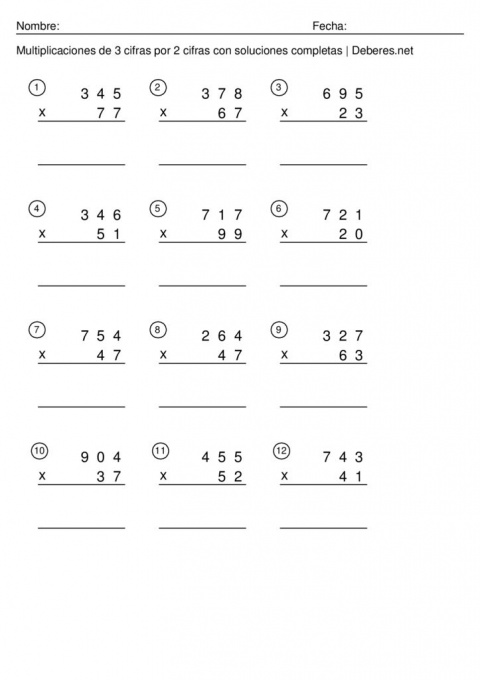 thumbnail of Multiplicaciones de 3 cifras por 2 cifras con soluciones completas – Ficha 3