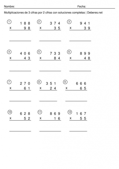 thumbnail of Multiplicaciones de 3 cifras por 2 cifras con soluciones completas – Ficha 5