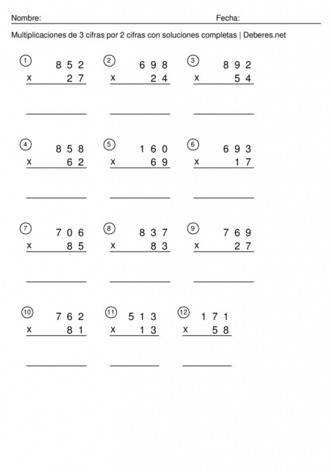 thumbnail of Multiplicaciones de 3 cifras por 2 cifras con soluciones completas – Ficha 7
