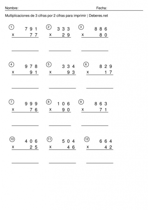 thumbnail of Multiplicaciones de 3 cifras por 2 cifras para imprimir – Ficha 1