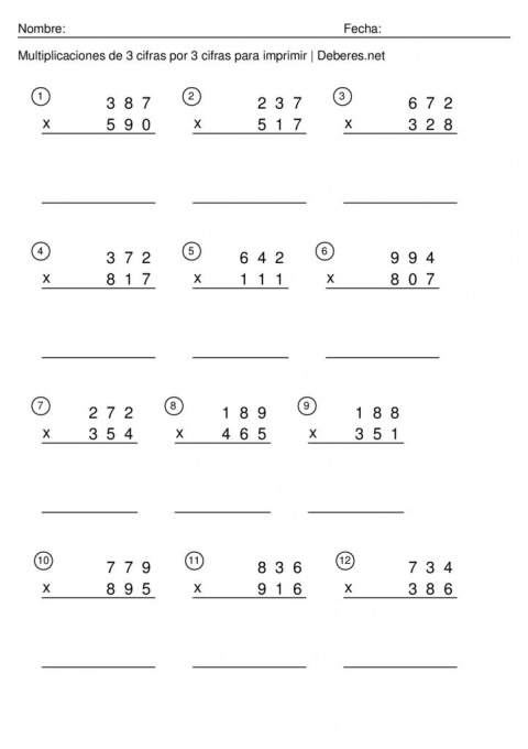 thumbnail of Multiplicaciones de 3 cifras por 3 cifras para imprimir – Ficha 10