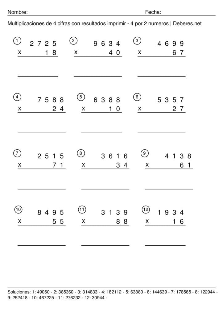 thumbnail of Multiplicaciones de 4 cifras con resultados para imprimir – 4 por 2 numeros – Ficha 1