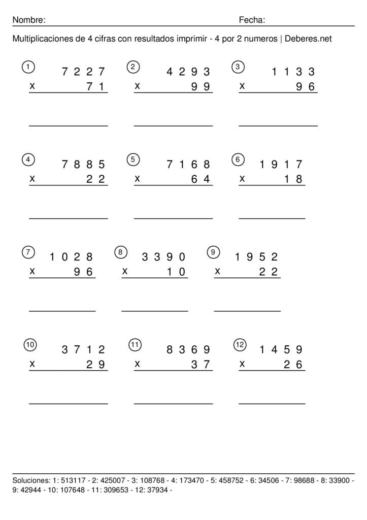 thumbnail of Multiplicaciones de 4 cifras con resultados para imprimir – 4 por 2 numeros – Ficha 10