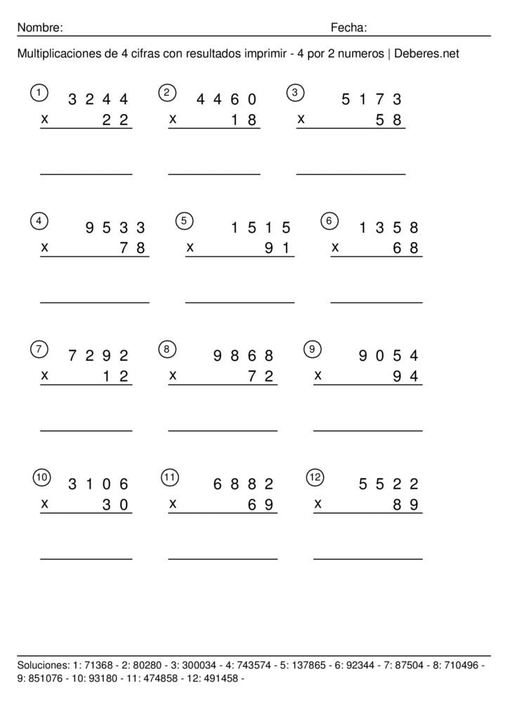 thumbnail of Multiplicaciones de 4 cifras con resultados para imprimir – 4 por 2 numeros – Ficha 2