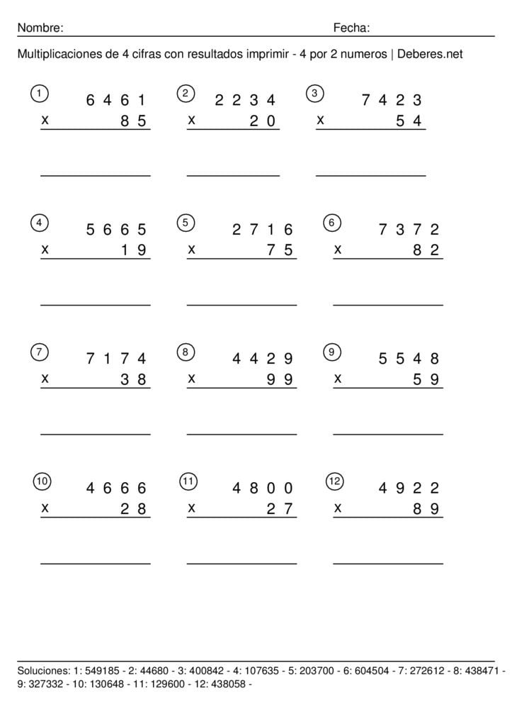 thumbnail of Multiplicaciones de 4 cifras con resultados para imprimir – 4 por 2 numeros – Ficha 5