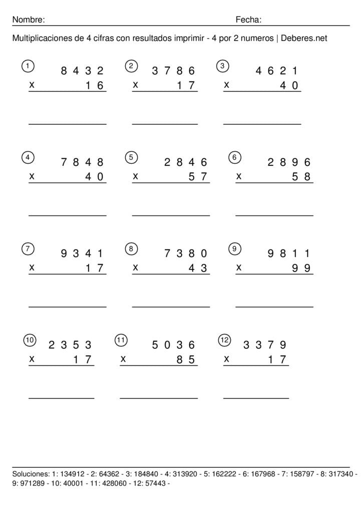 thumbnail of Multiplicaciones de 4 cifras con resultados para imprimir – 4 por 2 numeros – Ficha 6