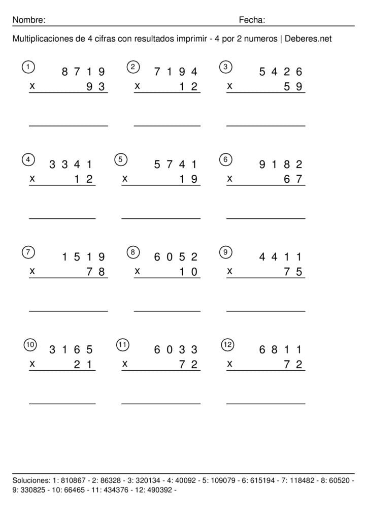 thumbnail of Multiplicaciones de 4 cifras con resultados para imprimir – 4 por 2 numeros – Ficha 7