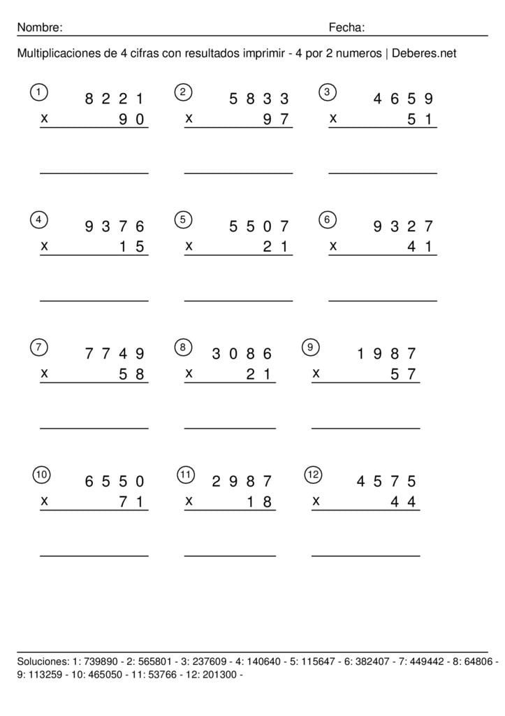 thumbnail of Multiplicaciones de 4 cifras con resultados para imprimir – 4 por 2 numeros – Ficha 8