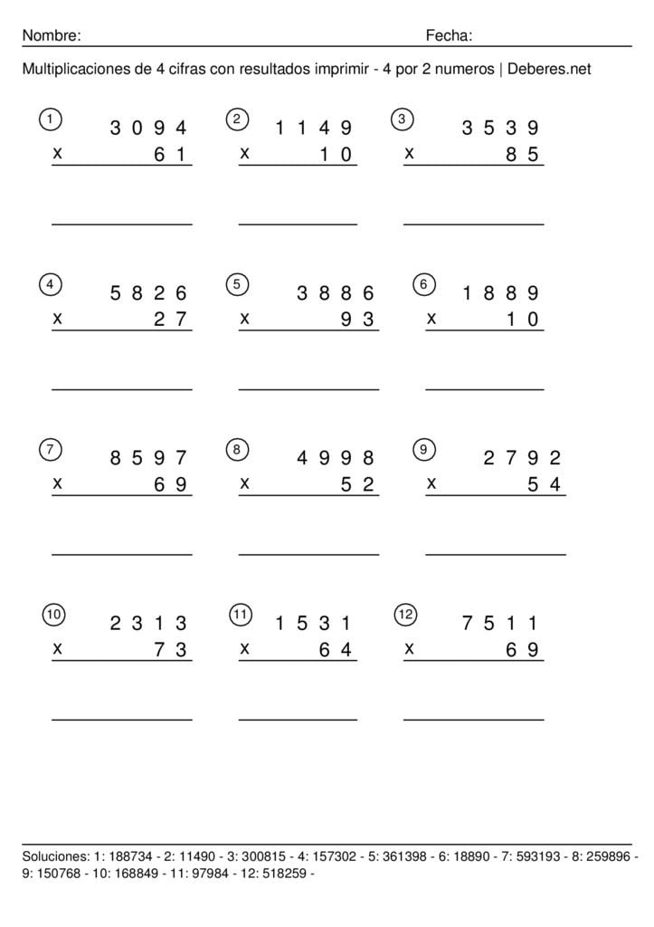 thumbnail of Multiplicaciones de 4 cifras con resultados para imprimir – 4 por 2 numeros – Ficha 9